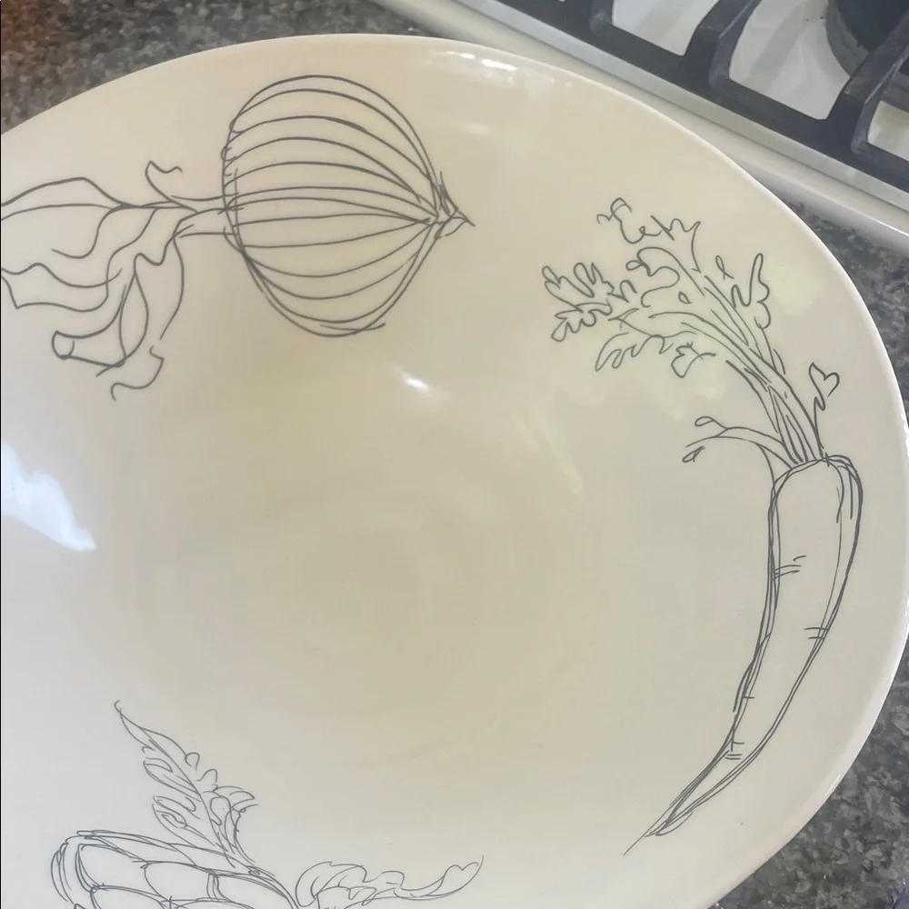 Source Unknown White Ceramic Serving Bowl with Vegetable Sketches